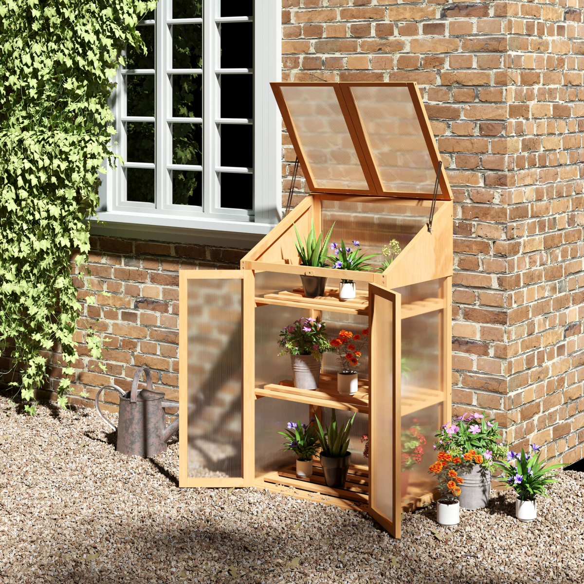 Outsunny Wooden Greenhouse Cold Frame with Polycarbonate Panels, Double Doors, Removable Shelves, Brown, 70x50x120cm