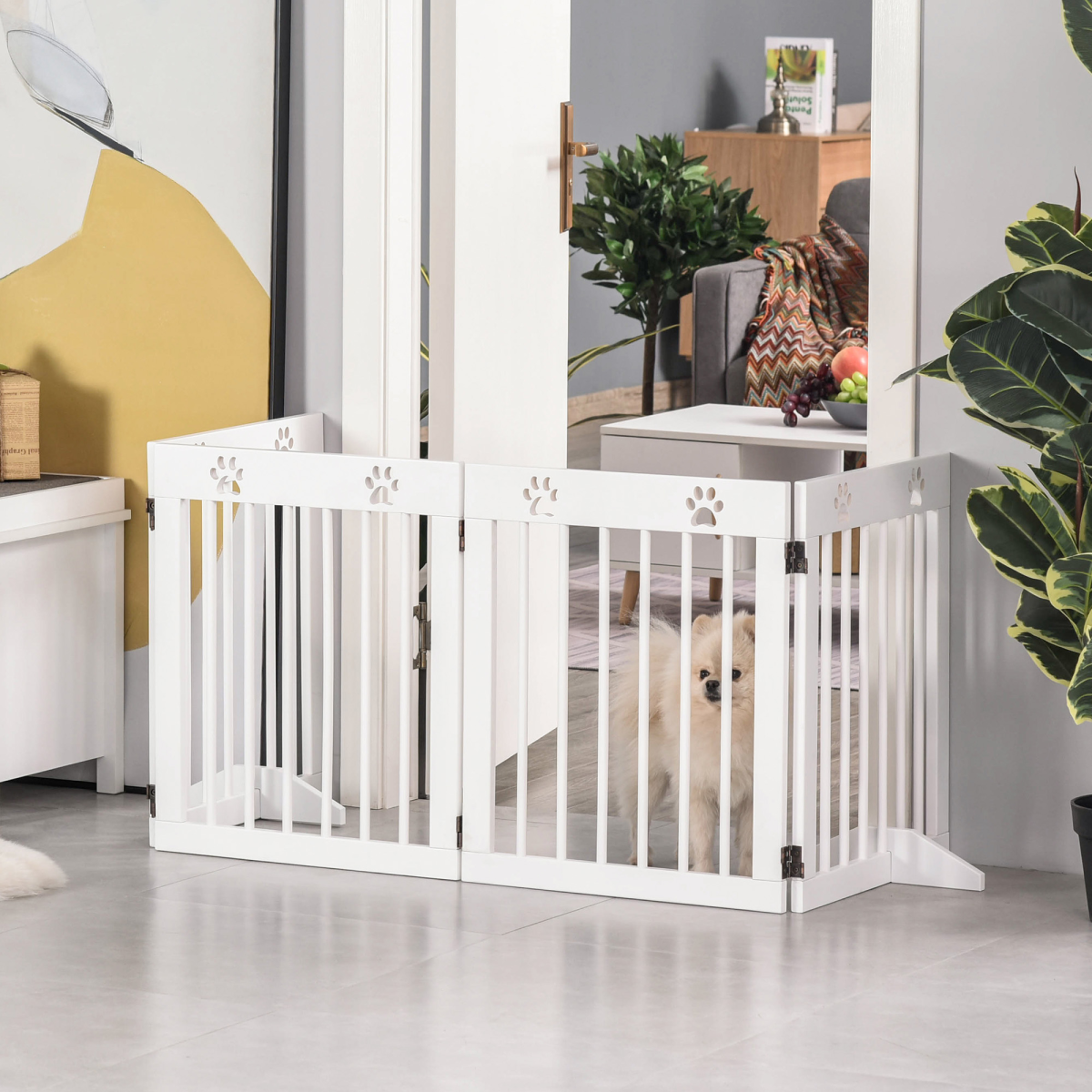 PawHut Freestanding 4-Panel Folding Wooden Pet Gate with Support Feet for Small Dogs