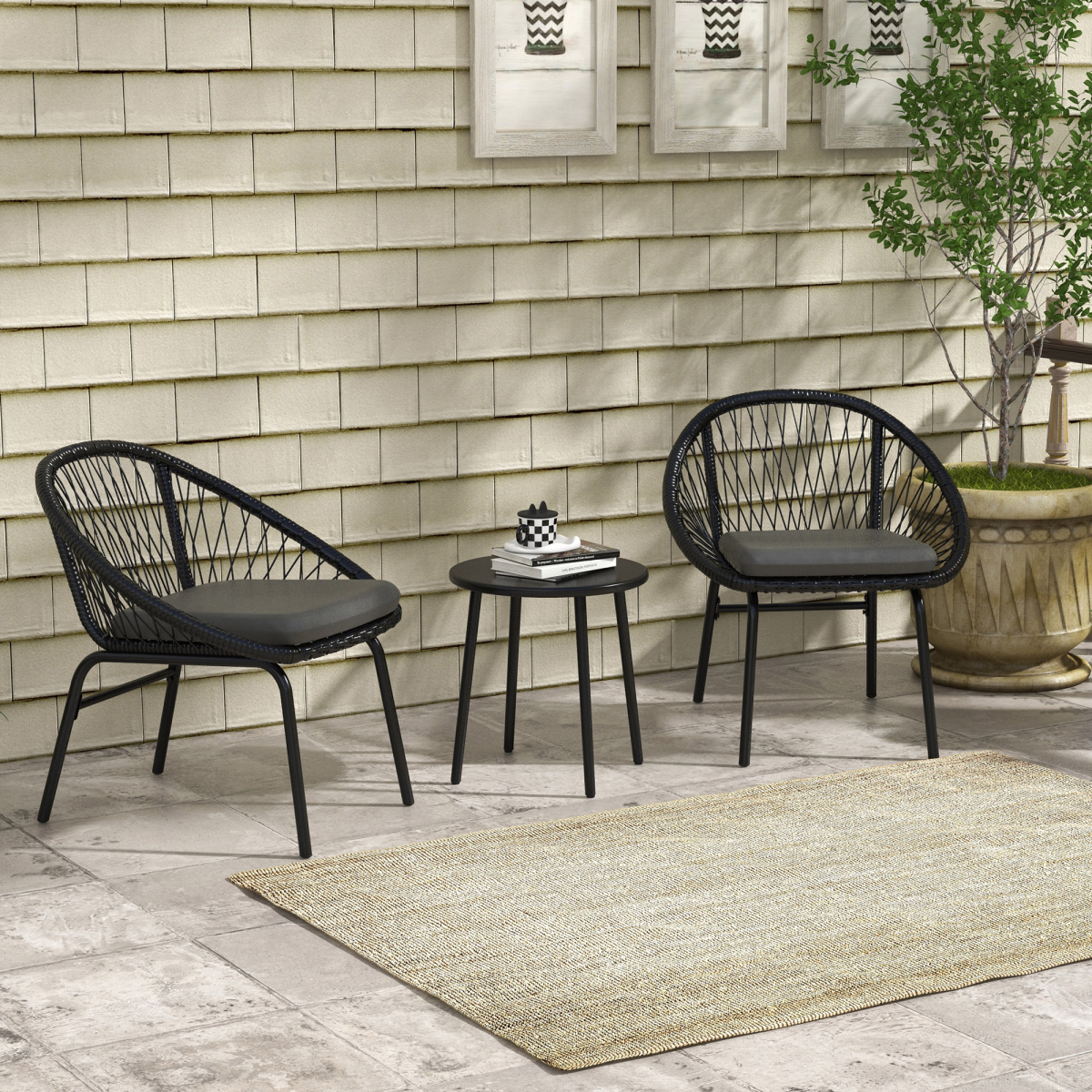 Outsunny 3 Piece Garden Bistro Set with 2 Round Wicker Chairs and Coffee Table