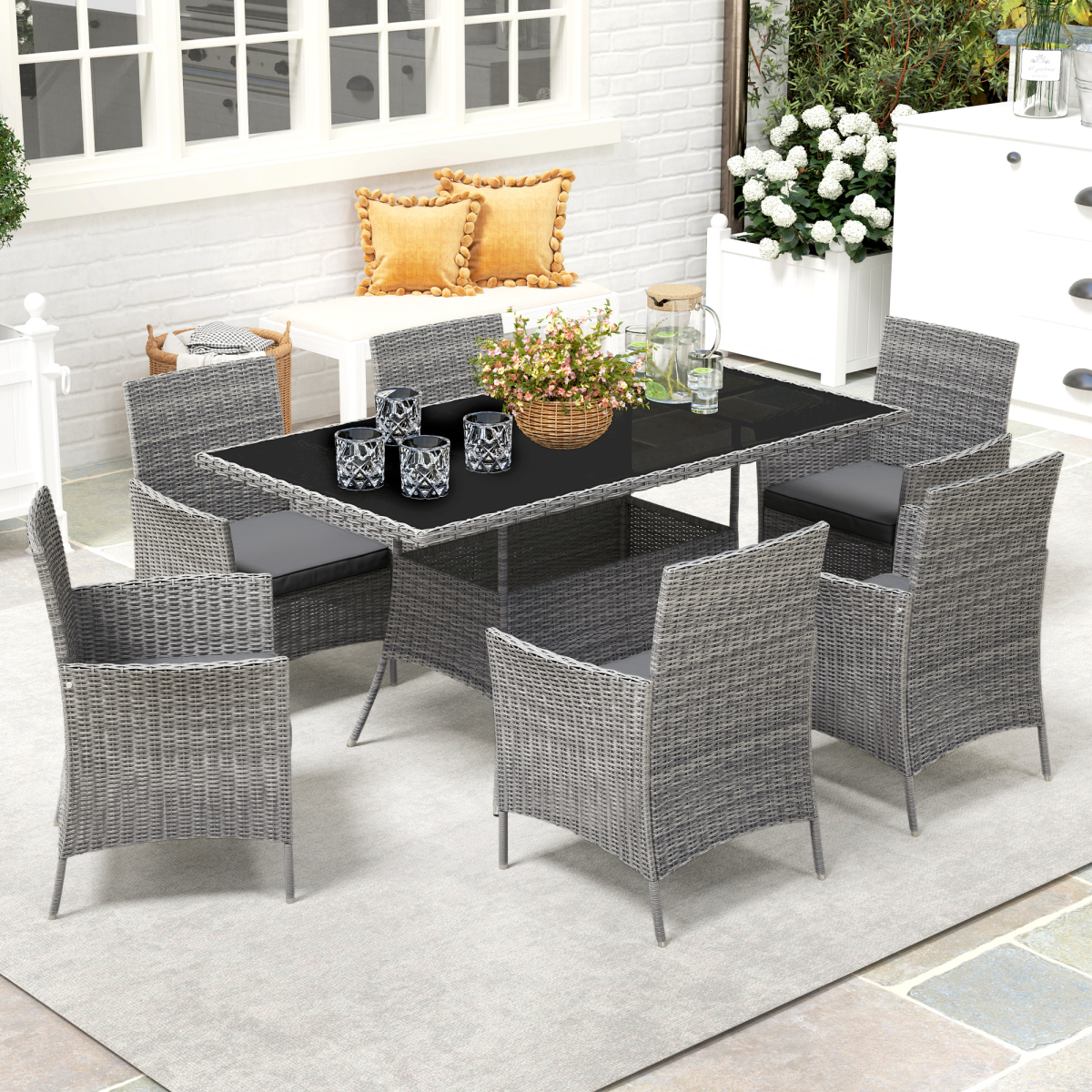Outsunny 7-Piece PE Rattan Garden Dining Set with Cushions, Glass Top Table
