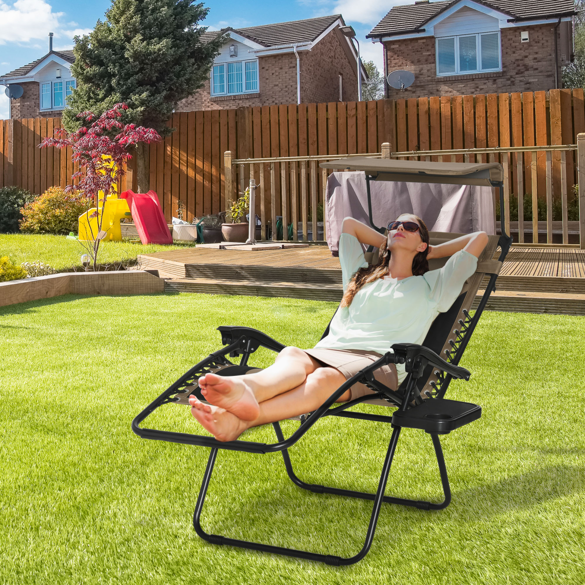 Outsunny Zero Gravity Lounger Chair with Canopy, Reclining Patio Chair, Foldable with Tray and Cup Holder