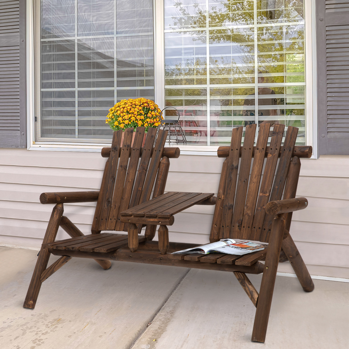 Outsunny Adirondack Style 2-Seat Wood Patio Bench with Center Table