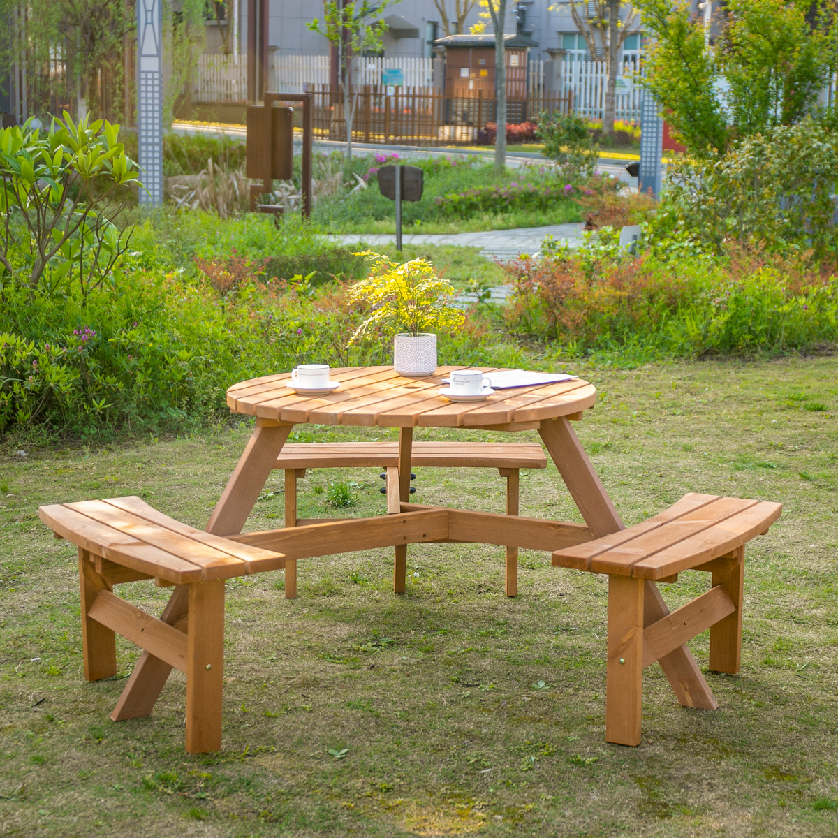 Outsunny Round Wooden Table with 3 Attached Benches and Umbrella Hole, Fir Wood, Outdoor Garden Use