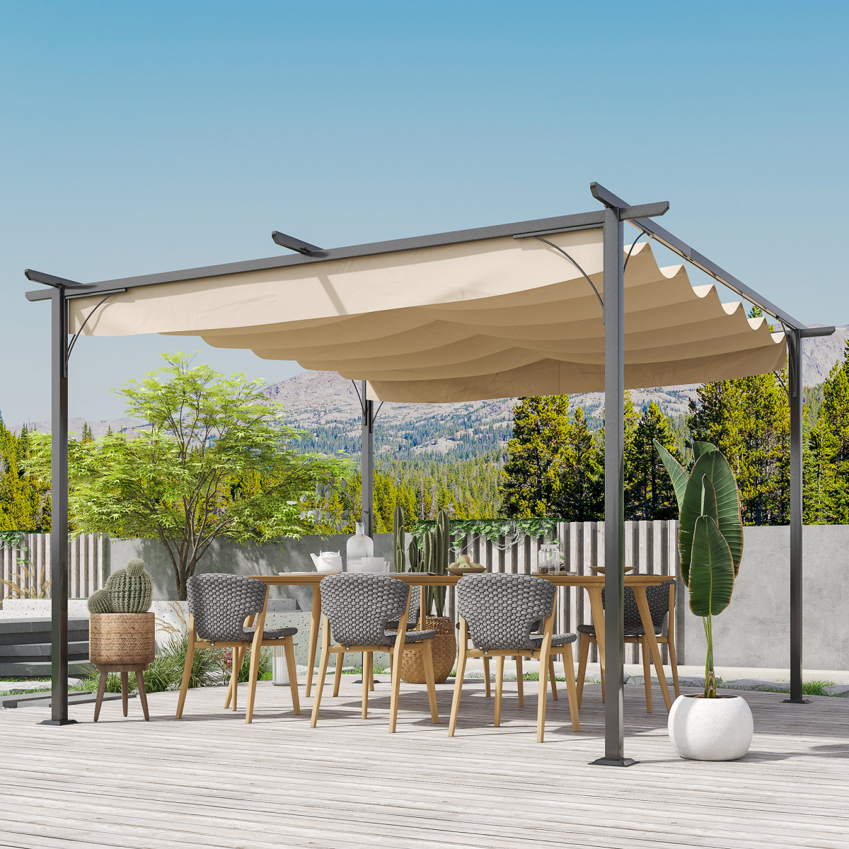 Outsunny Steel Pergola, 350L cm, Powder-Coated Steel Frame, Retractable Anti-UV Water-Repelling Canopy Roof