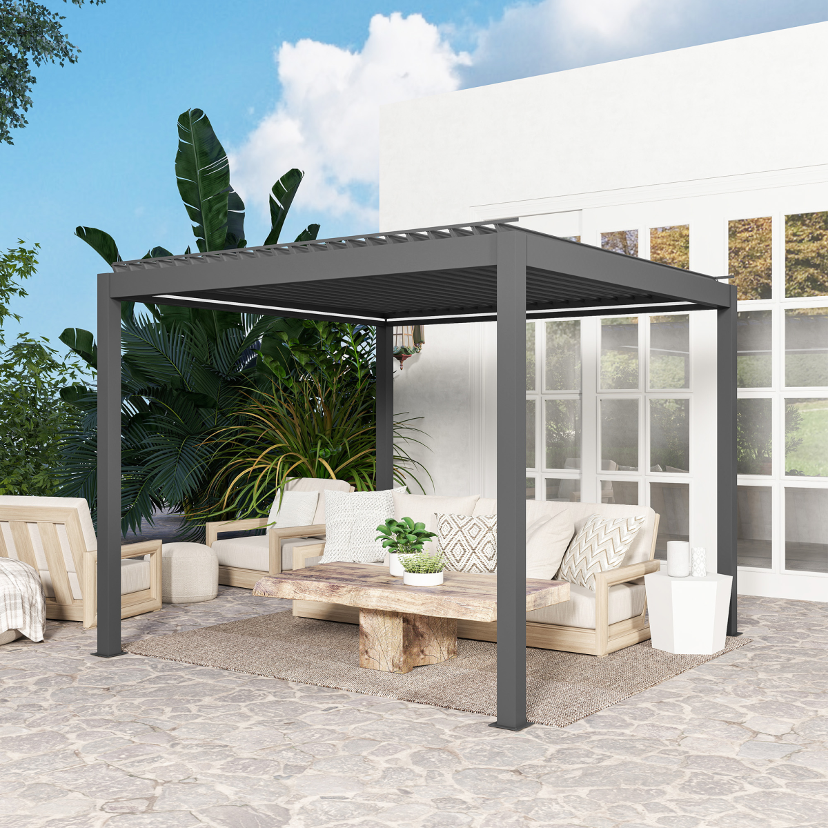 Outsunny 3x3m Electric Louvered Aluminium Pergola with LED Lights