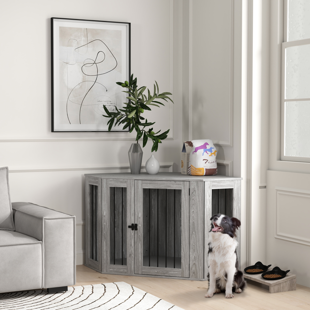PawHut Dog Crate Furniture Side Table with Cushion - Grey
