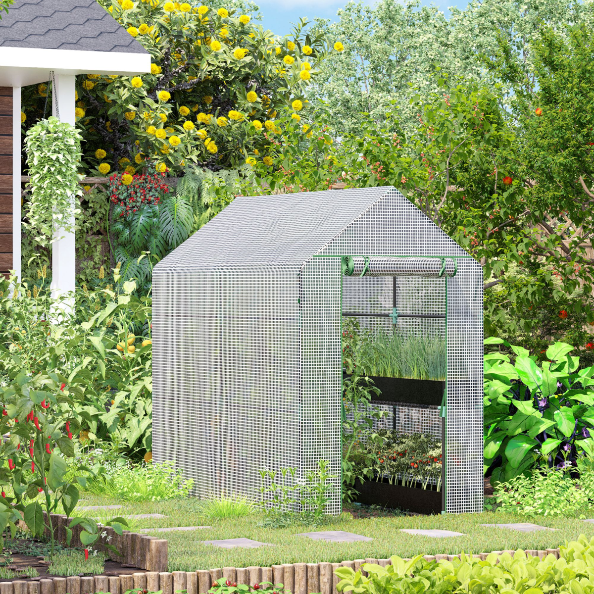 Outsunny Walk-In Garden Greenhouse with 4 Wire Shelves, Steel Frame, Roll-Up Door, 186L x 120W x 190Hcm, White
