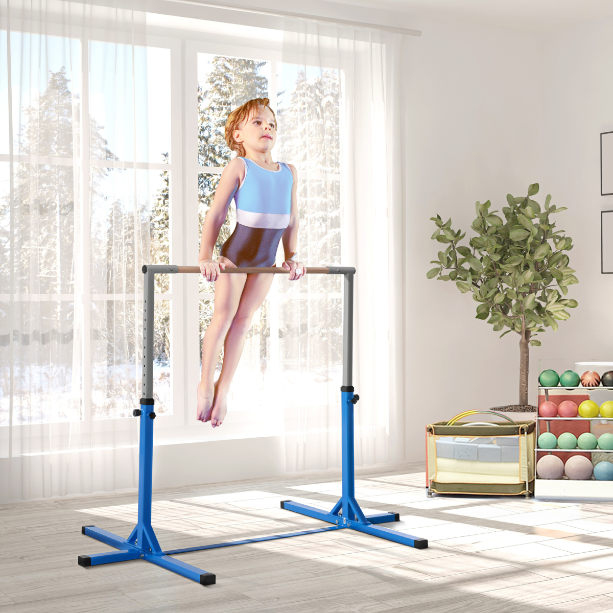 HOMCOM Adjustable Kids Gymnastics Bar, Steel Frame, Wood Bar, Blue