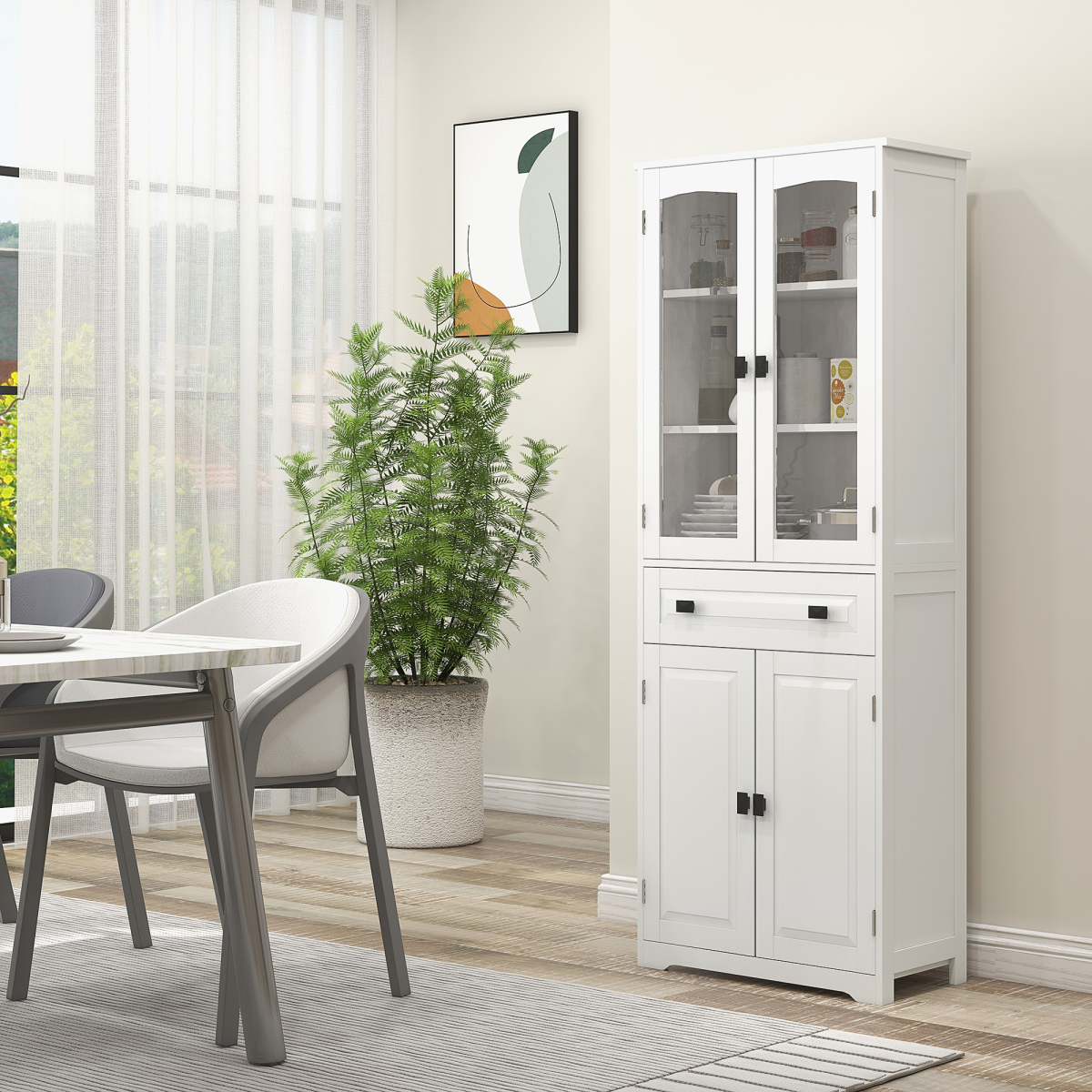 HOMCOM Kitchen Storage Cabinet with Adjustable Shelves, Glass Door, 160cm