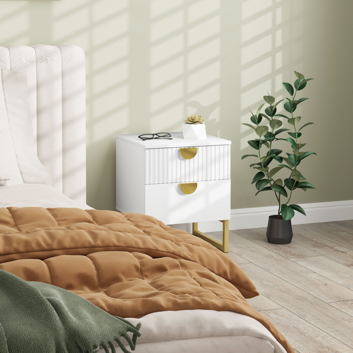 HOMCOM White Bedside Table with 2 Drawers, MDF, Metal Base