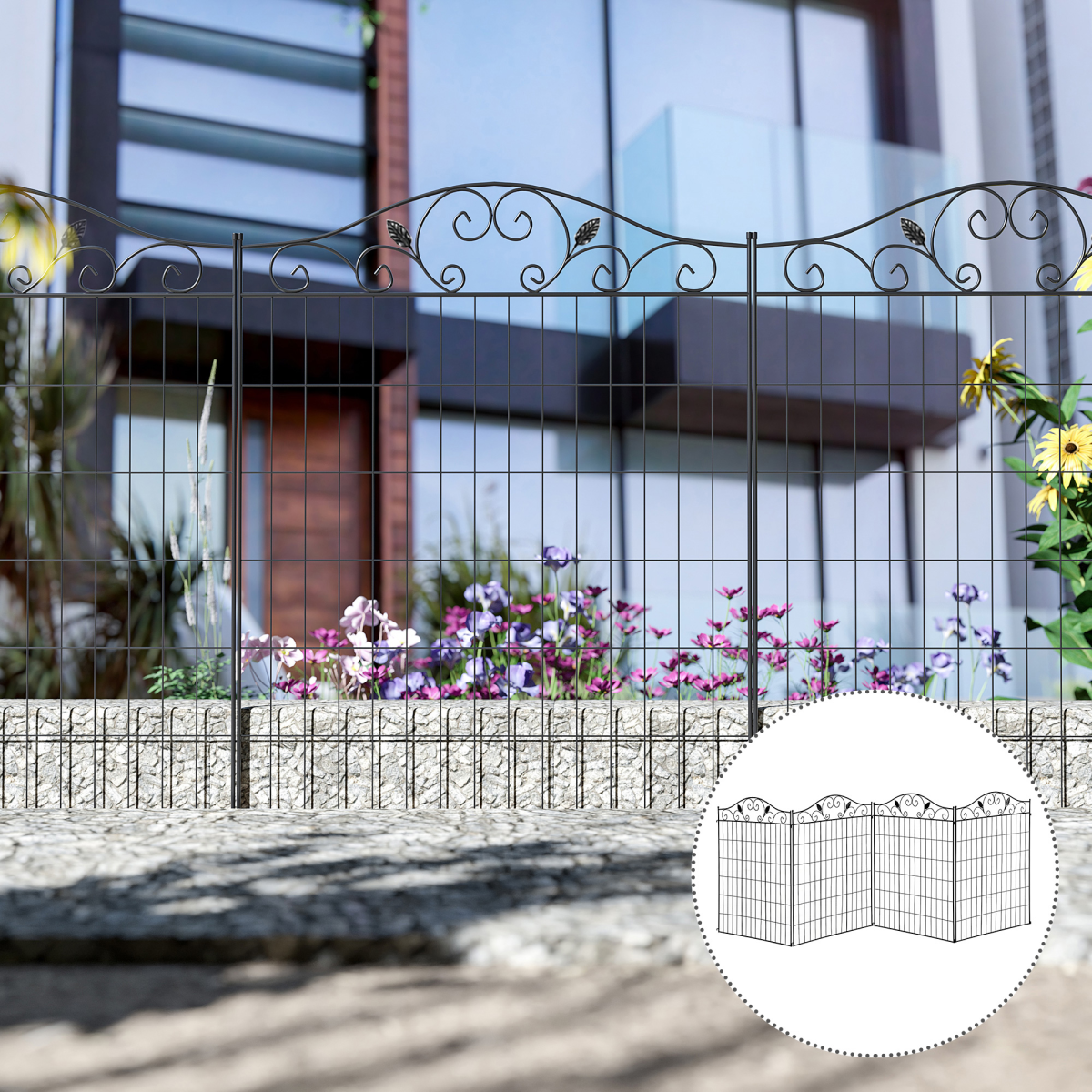 Decorative Garden Fence Border Edging, 4 Panels, 44in H x 12ft L, Steel Wire, Vine Pattern, Adjustable Shape