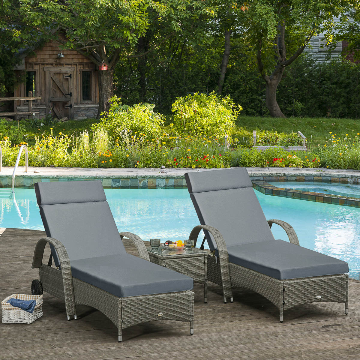 Outsunny Set of 2 Sun Lounger Cushions with Ties, Dark Grey