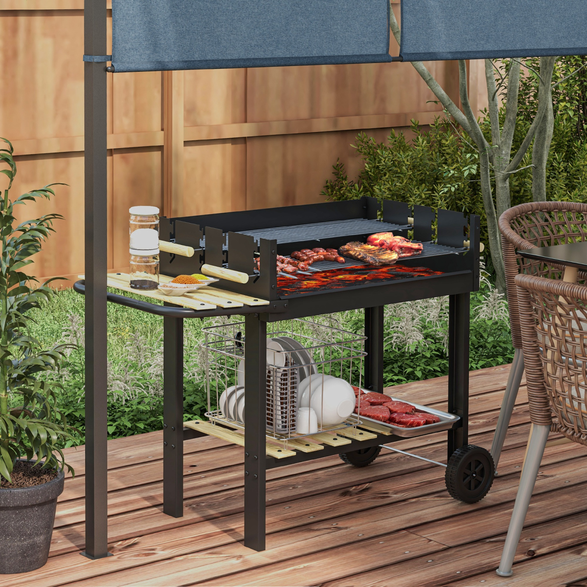 Outsunny Charcoal BBQ Grill with Side Table, Storage Shelf & Wheels