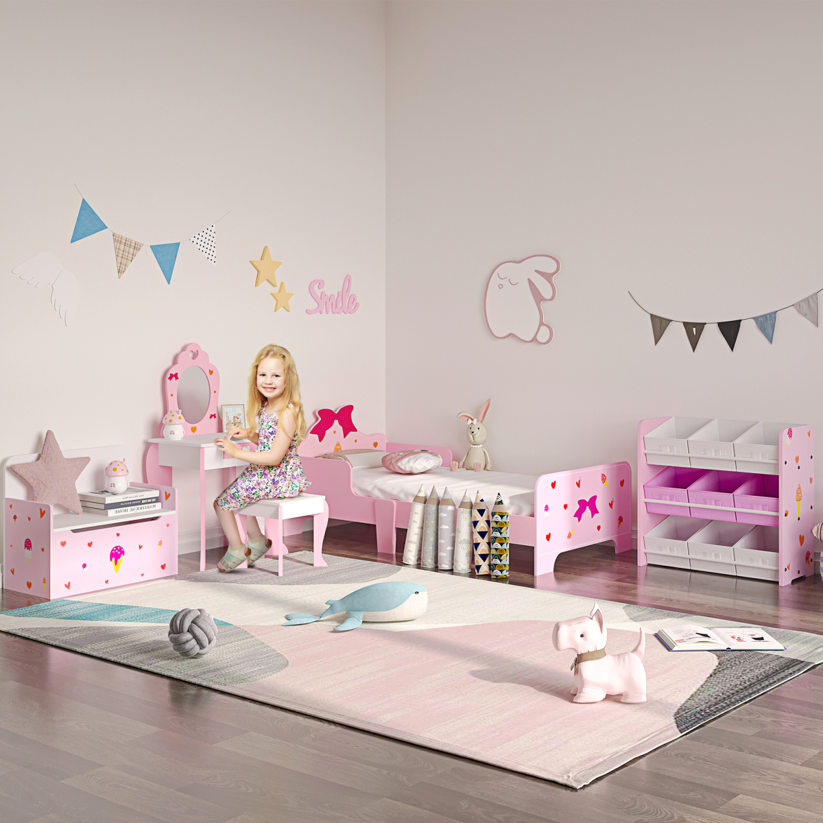 Pink Princess Toddler Bed with Safety Rails, Low Frame