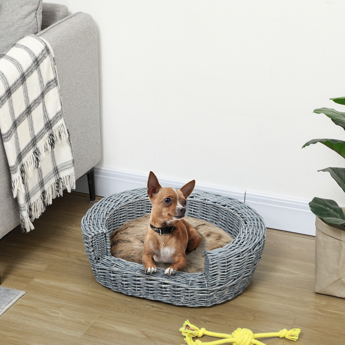 Elevated Wicker Willow Rattan Pet Basket Bed with Cushion for Cats and Dogs
