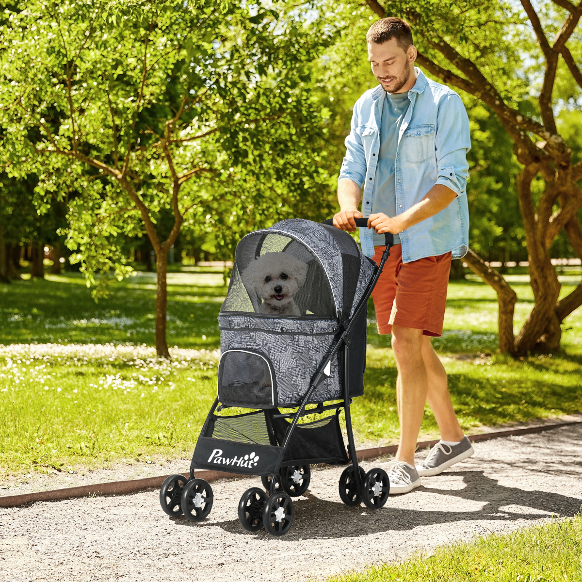 PawHut Foldable Dog Stroller with Large Carriage, Brakes, Grey