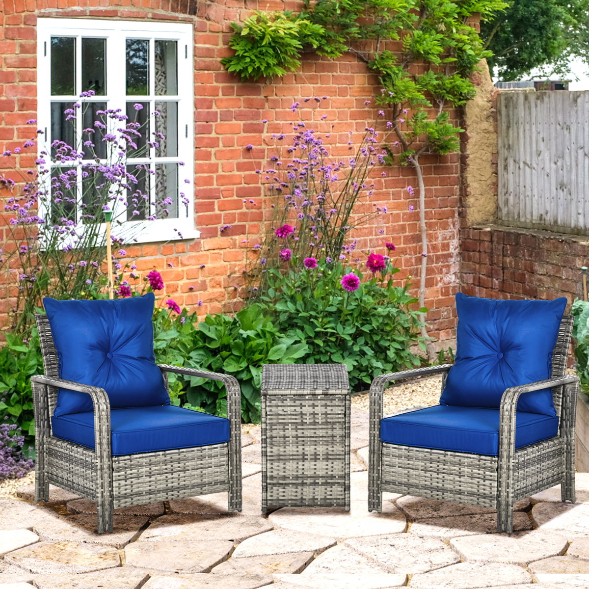 Outsunny 3-Piece PE Rattan Garden Sofa Set with Storage Table