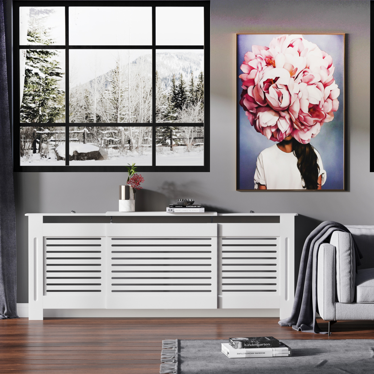 HOMCOM Extendable White Painted MDF Radiator Cover with Slatted Vent Design and Top Shelf