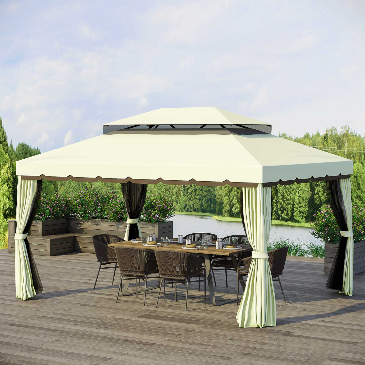 Outsunny 2.9 x 3.9m Vented Roof Aluminium Frame Garden Gazebo with Mesh Side Walls, Cream White