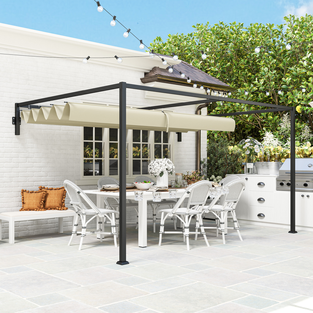 Outsunny 3 x 4m Wall-Mounted Pergola with Retractable Roof, Khaki