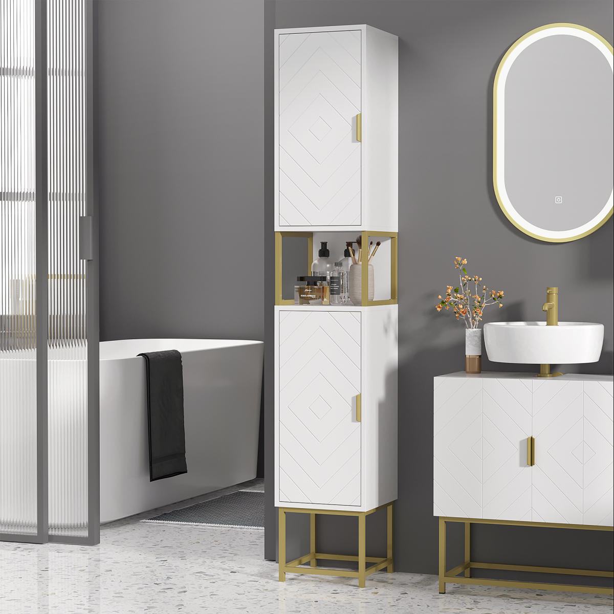 kleankin Freestanding White Bathroom Cabinet, 2 Doors, Adjustable Shelf