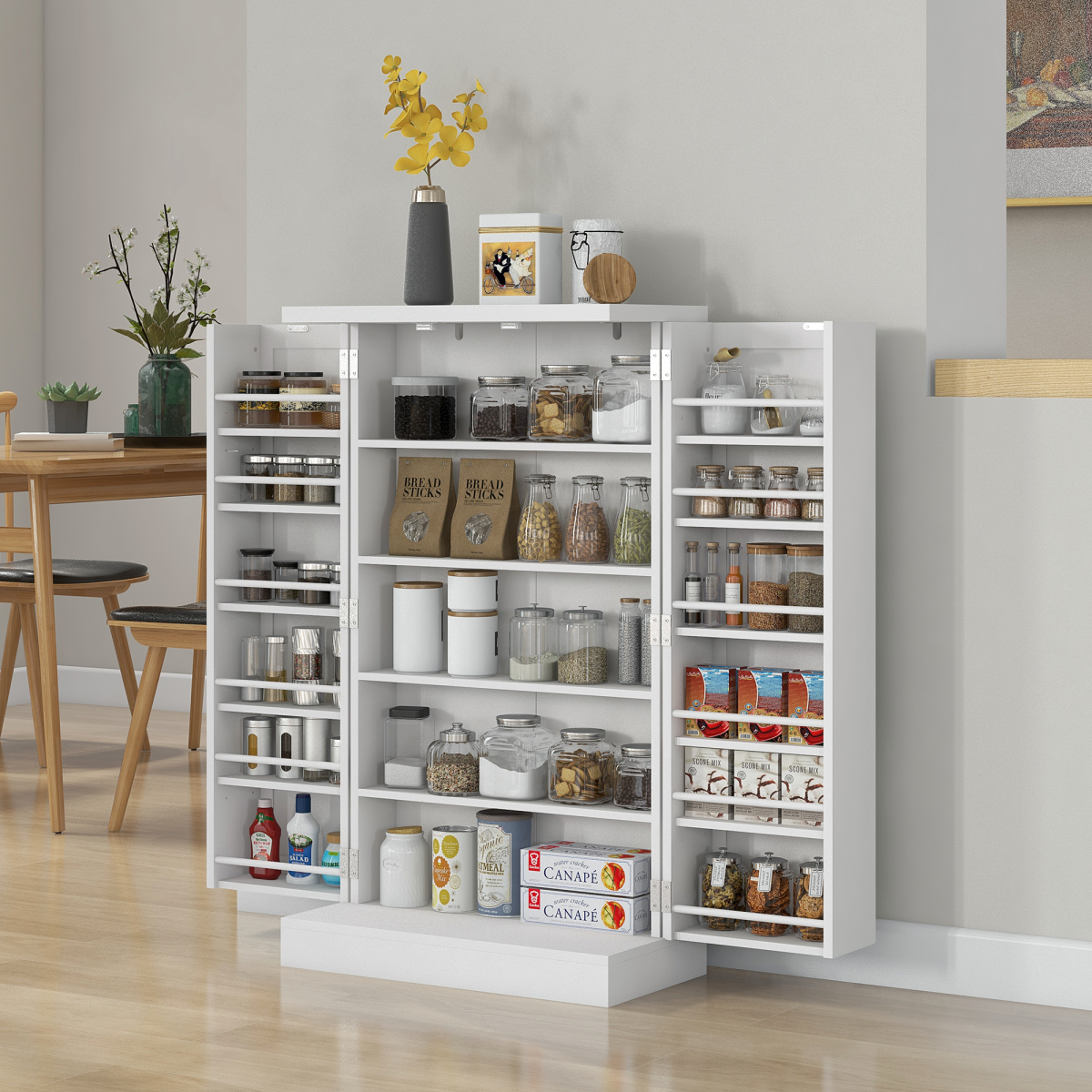HOMCOM White Kitchen Cupboard, 5-Tier Shelf, Double Doors, 12 Spice Racks