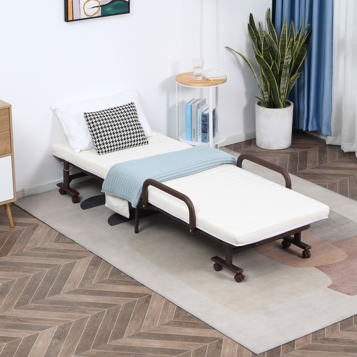 Folding Bed with Mattress & Wheels, Adjustable Backrest, Brown