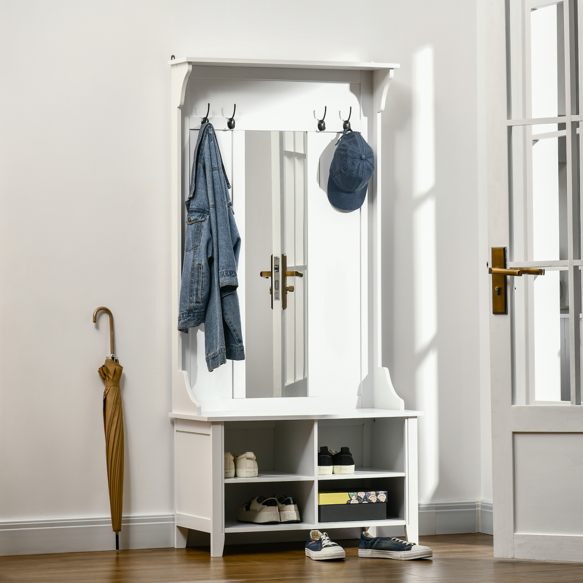 HOMCOM 3-in-1 Mirrored Shoe Cabinet with 4 Coat Hooks, Top Shelf, 4 Shoe Storage Cubes, White, 80 x 40 x 170 cm