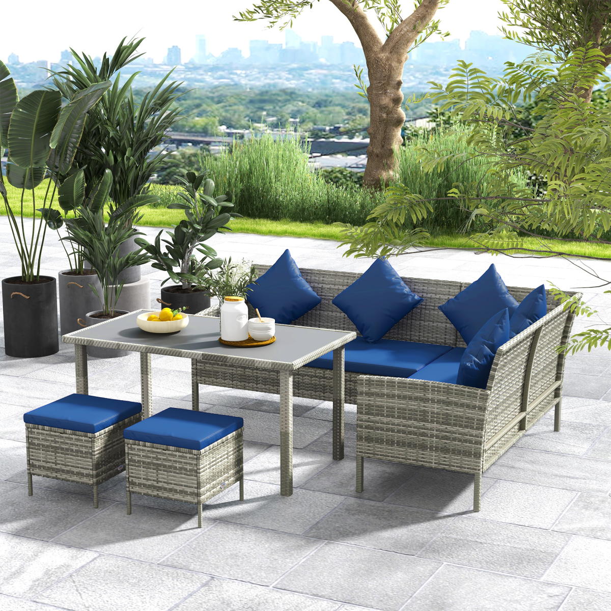 Outsunny 5-Piece Rattan Garden Dining Corner Sofa Set with Table, Footstools and Cushions
