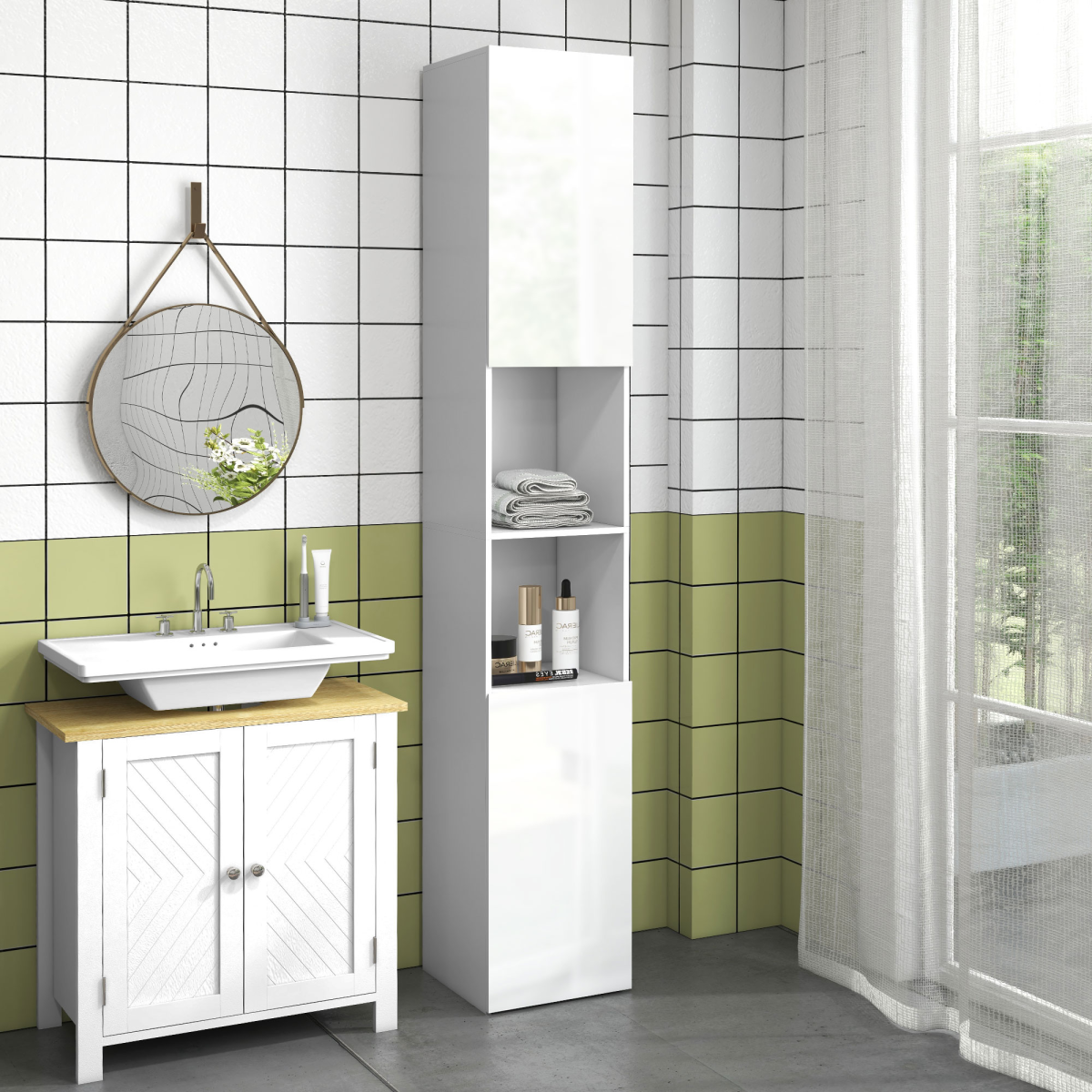 kleankin Bathroom Storage Cabinet, High Gloss White, Adjustable Shelves