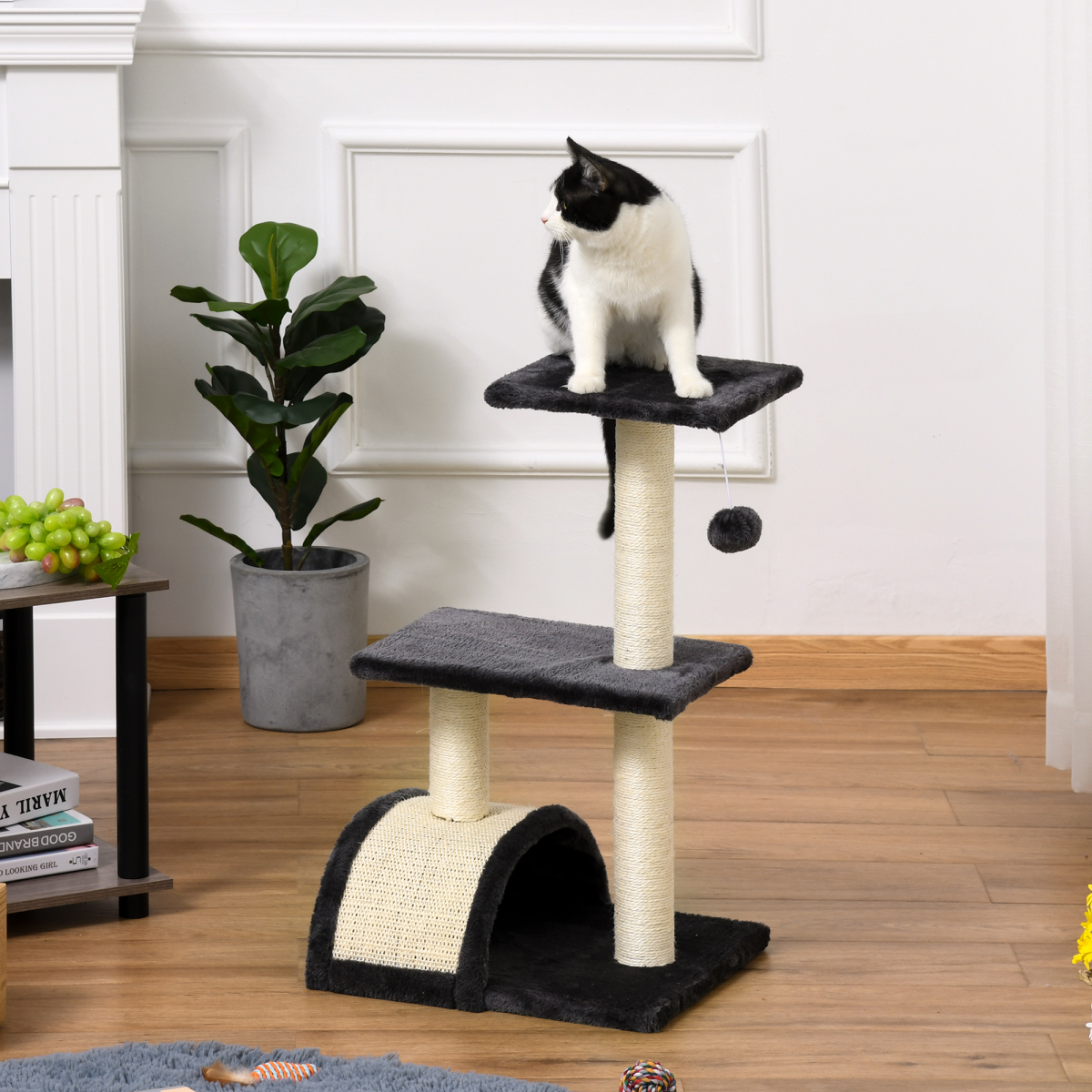 Grey Cat Tree Activity Center with Sisal Scratching Posts, Arched Scratching Pad, Perches and Hanging Play Ball