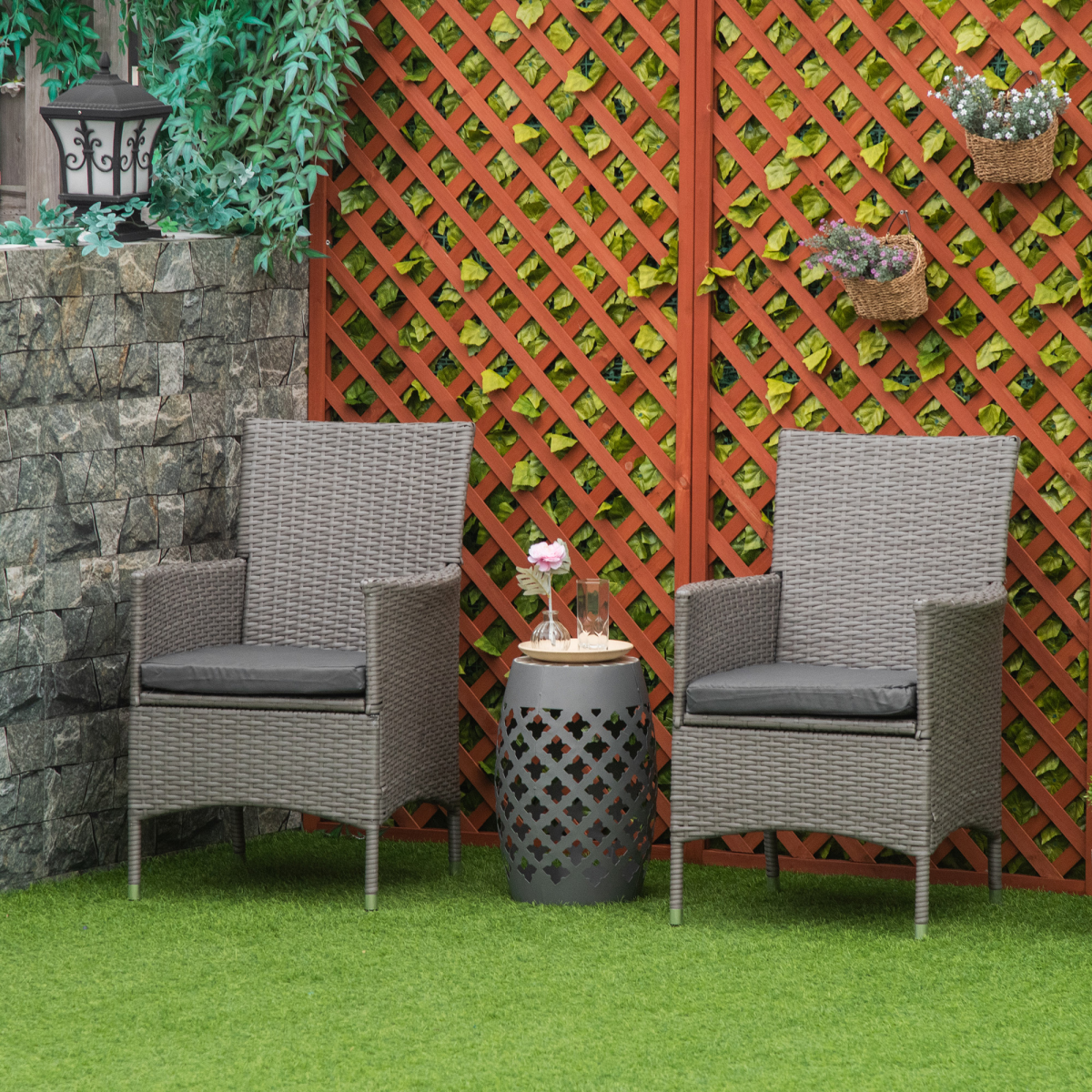 Outsunny Set of 2 Outdoor Rattan Armchairs with Armrests and Cushions, Grey