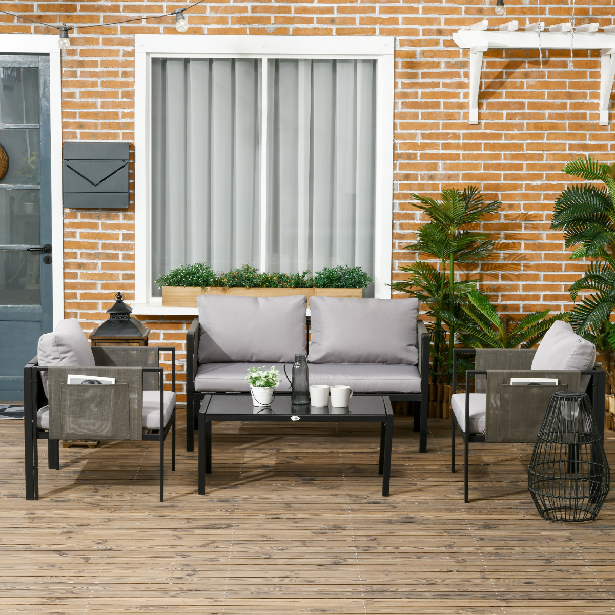 Outsunny 4-Piece Garden Sofa Set with Tempered Glass Coffee Table and Cushions