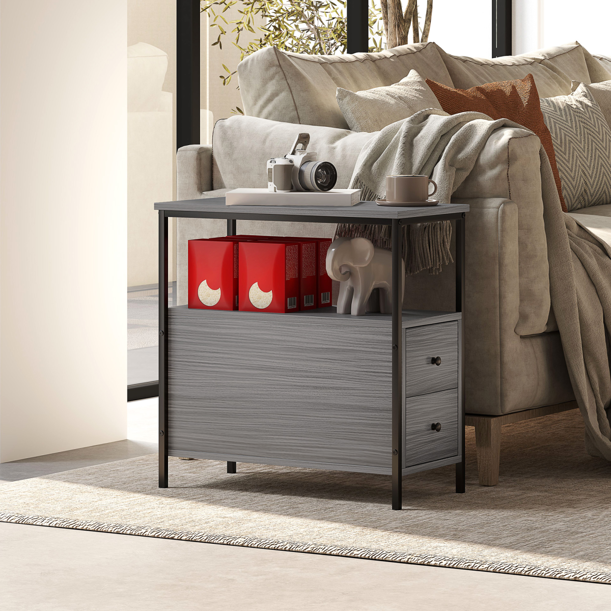 HOMCOM Narrow End Table with 2 Drawers and Storage Shelf, Grey