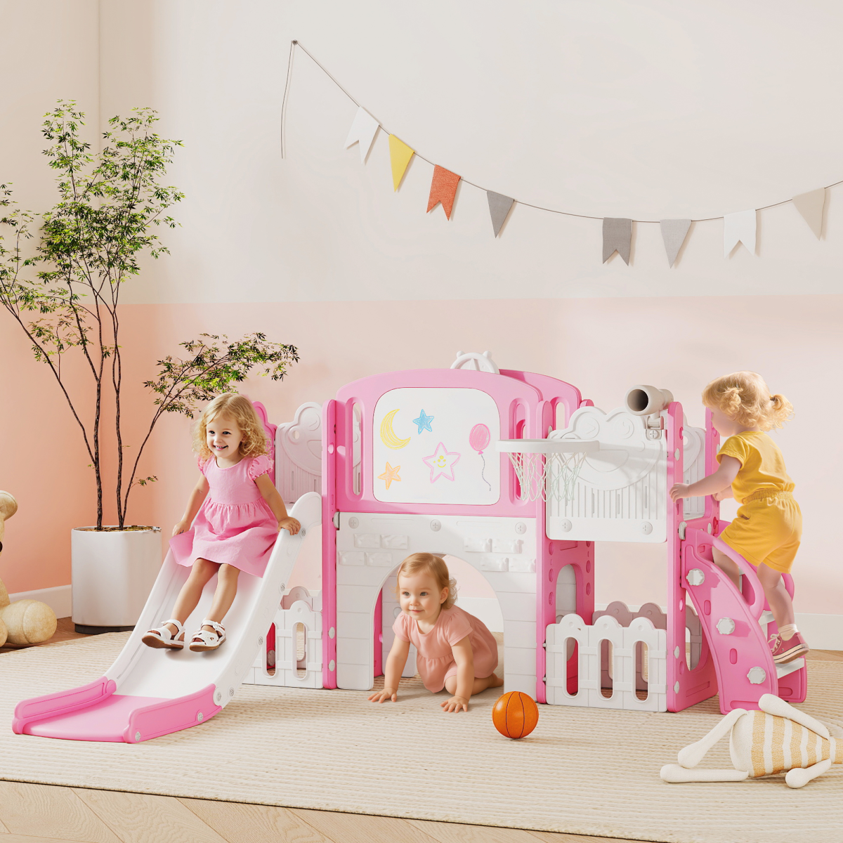 AIYAPLAY 7-in-1 Frog Theme Toddler Slide Set with Basketball Hoop