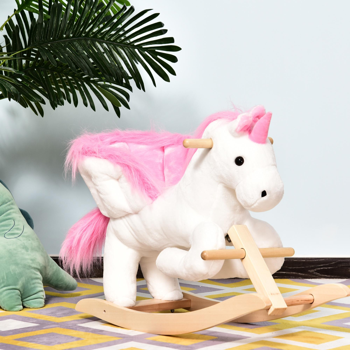 Kids Wooden Unicorn Rocking Horse Ride On Plush Toy with Soft Seat, Musical Button, Pink