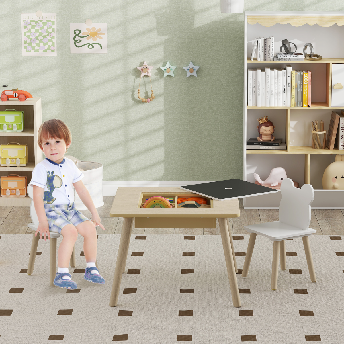 AIYAPLAY 3-Piece Toddler Table and 2 Bear Chairs with Storage