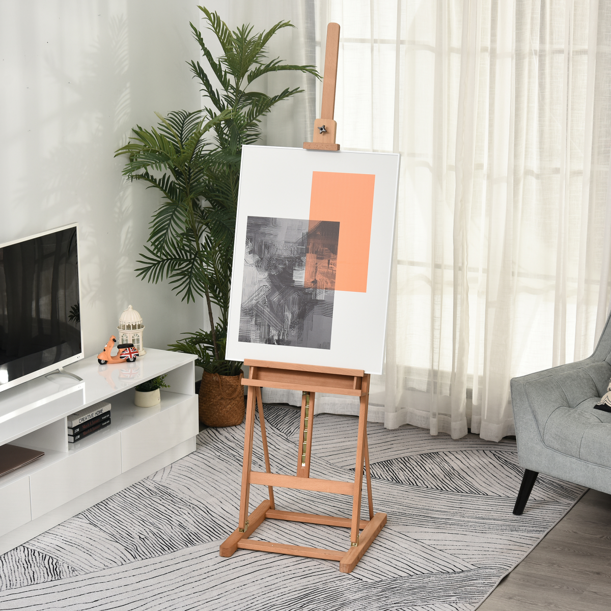 Height Adjustable H-Frame Studio Easel with Canvas Holder and Storage Tray, Beech Wood, Unbranded