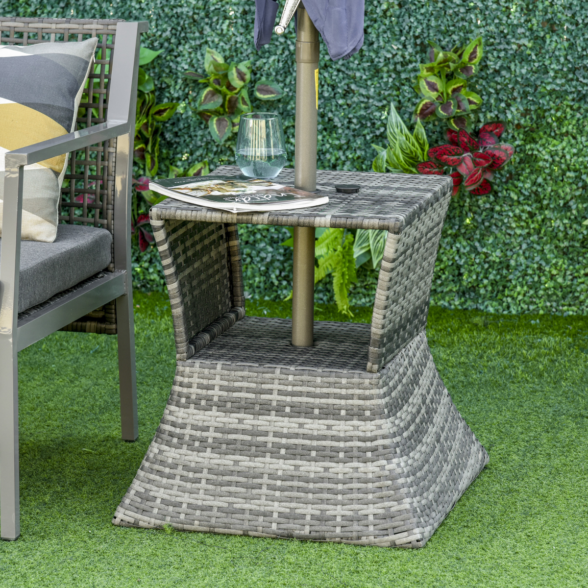 Outsunny Grey Rattan Coffee Table with Umbrella Hole & Storage Shelf