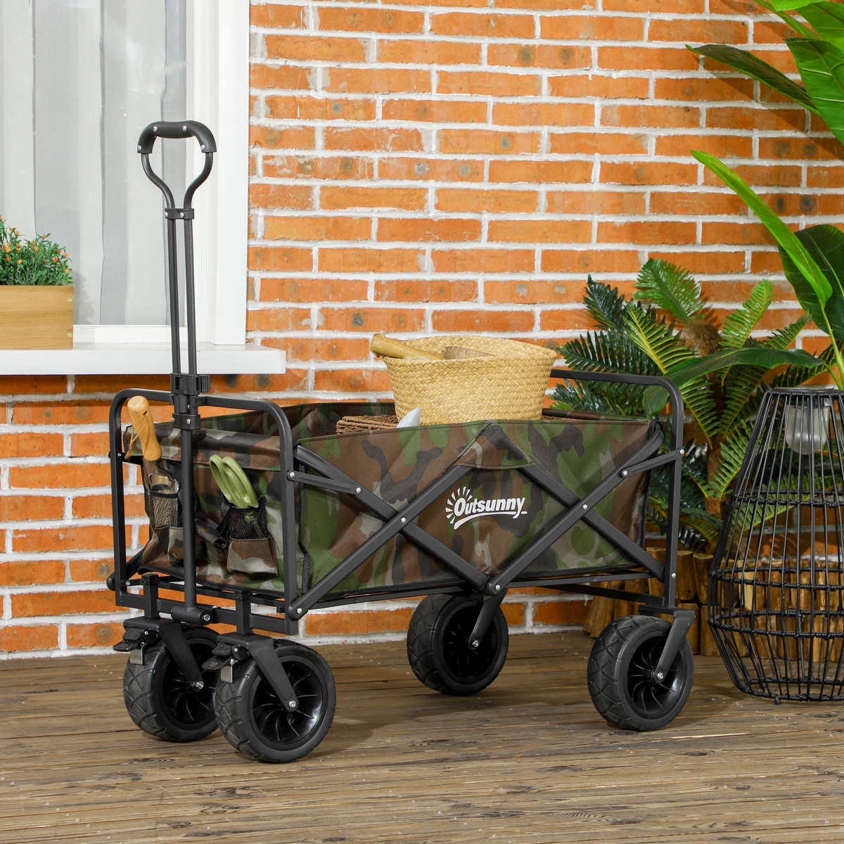 Outsunny Foldable Garden Cart Outdoor Utility Wagon with Carry Bag, 95L, Camouflage