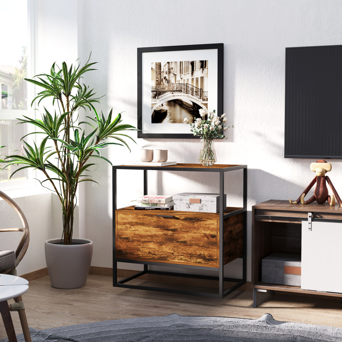 Industrial Style Side Table with Drawer and Open Shelf, Steel Frame Base, Chestnut Brown and Black