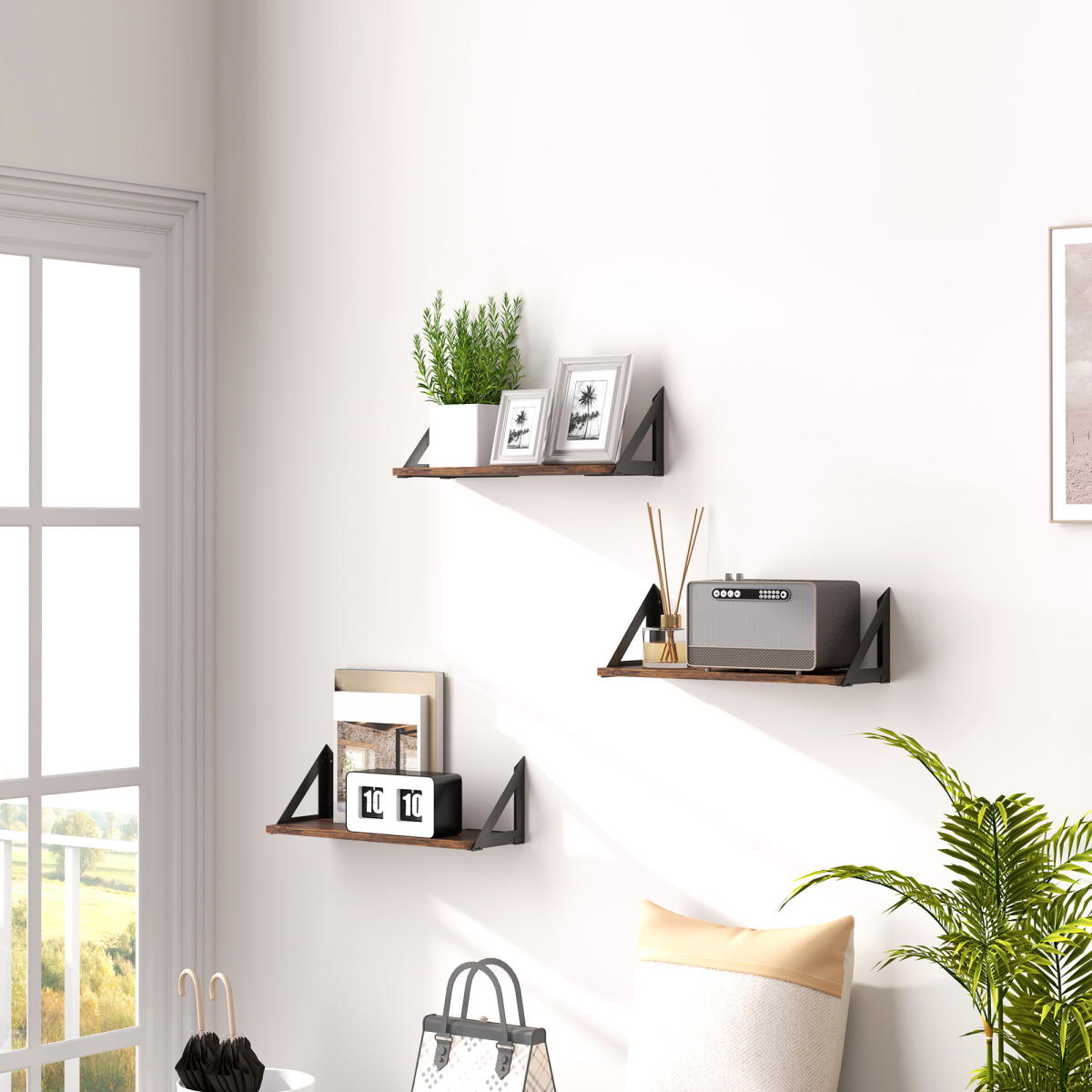 HOMCOM Set of 3 Vintage Wall Shelves, Rustic Brown