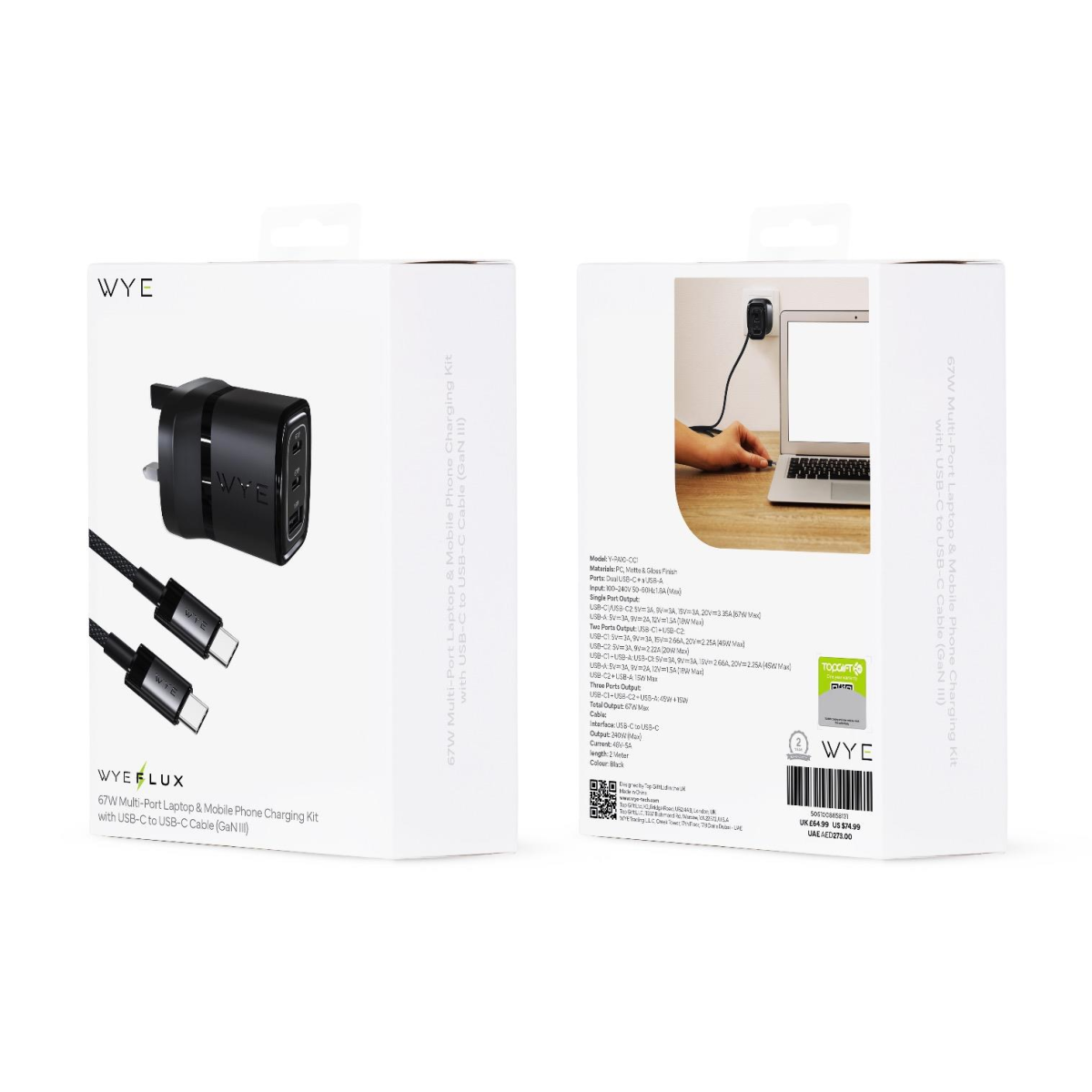WYEFLUX 67W Multi-Port Laptop & Mobile Phone Charging Kit with USB-C to USB-C Cable (GaN III)