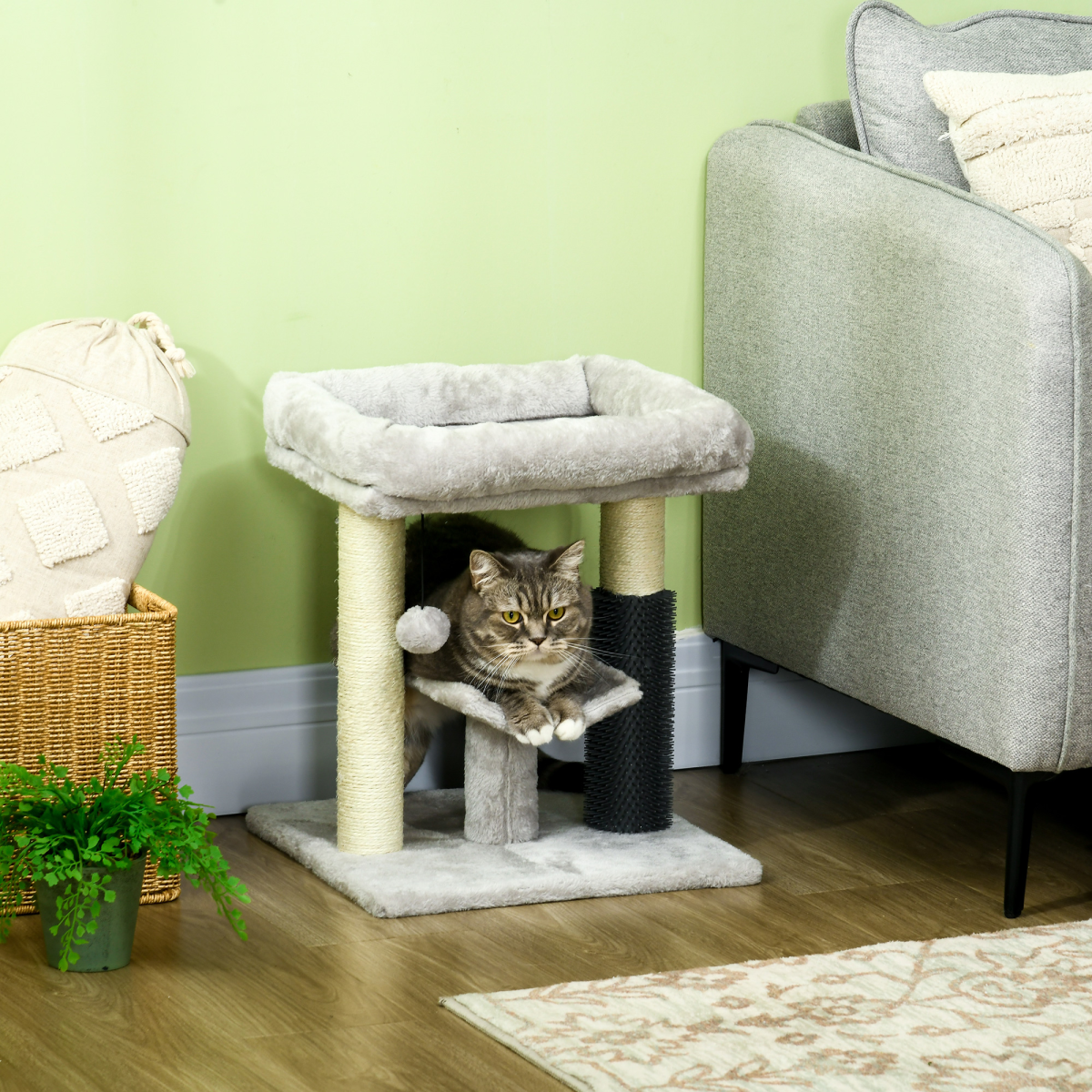 PawHut Small Cat Tree Tower with Bed, Perch, Scratching Posts, Self-Groomer & Toy