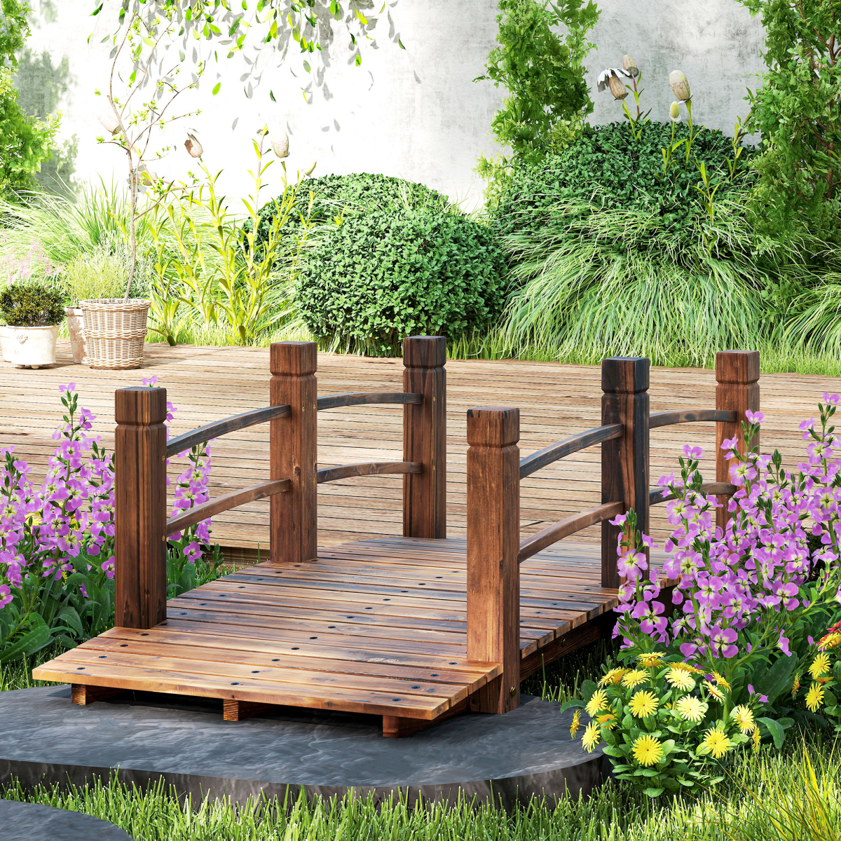 Outsunny Wooden Garden Bridge, Fir Wood, Stained Finish, Arch Design, Side Rails