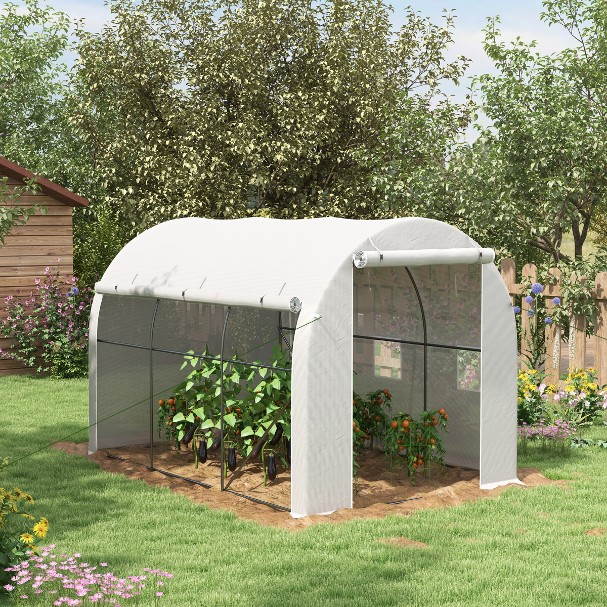Outsunny White Polytunnel Greenhouse with PE Cover, Steel Frame