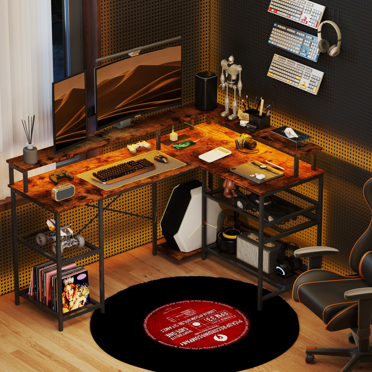 HOMCOM L-Shaped Gaming Desk with LED Lights & Power Outlets