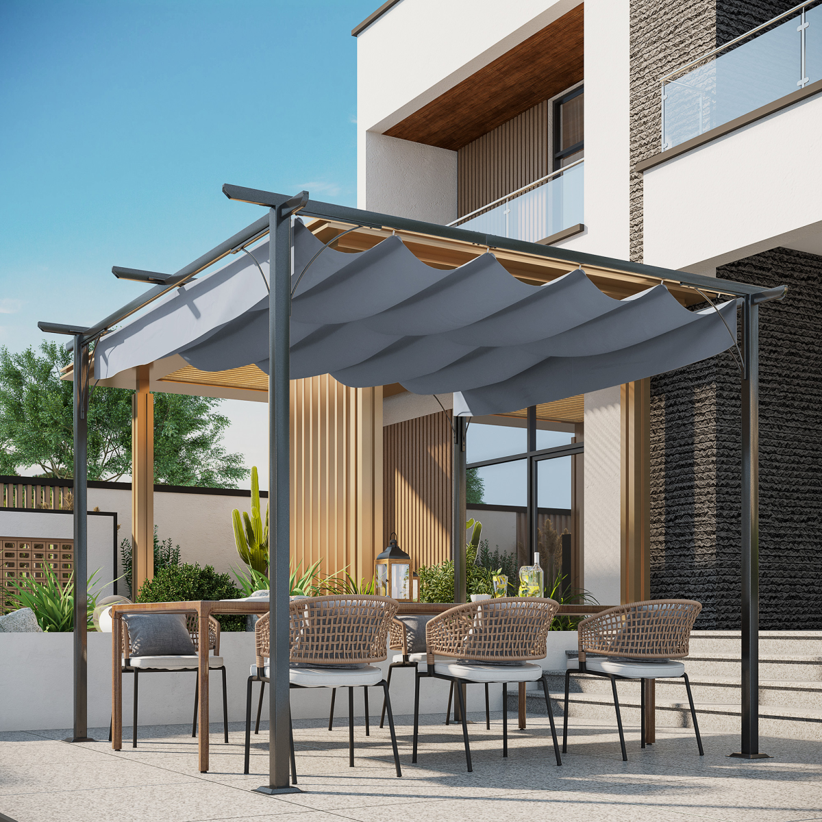 Outsunny 3 x 3 m Metal Pergola Gazebo with Retractable Grey Canopy
