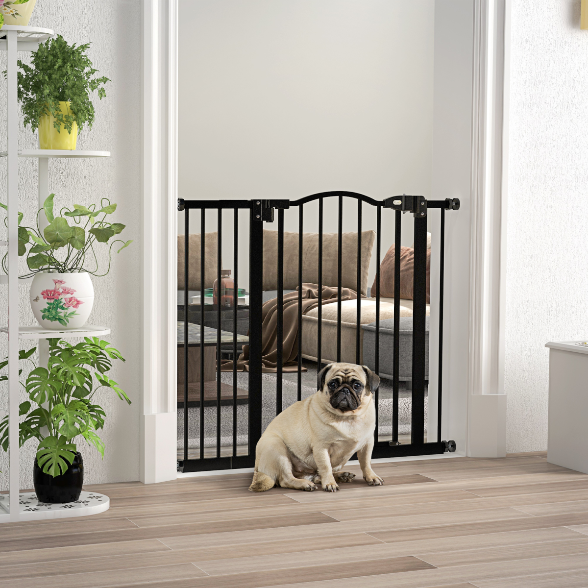 PawHut 74-94cm Adjustable Metal Pet Safety Gate, Auto-Close Black