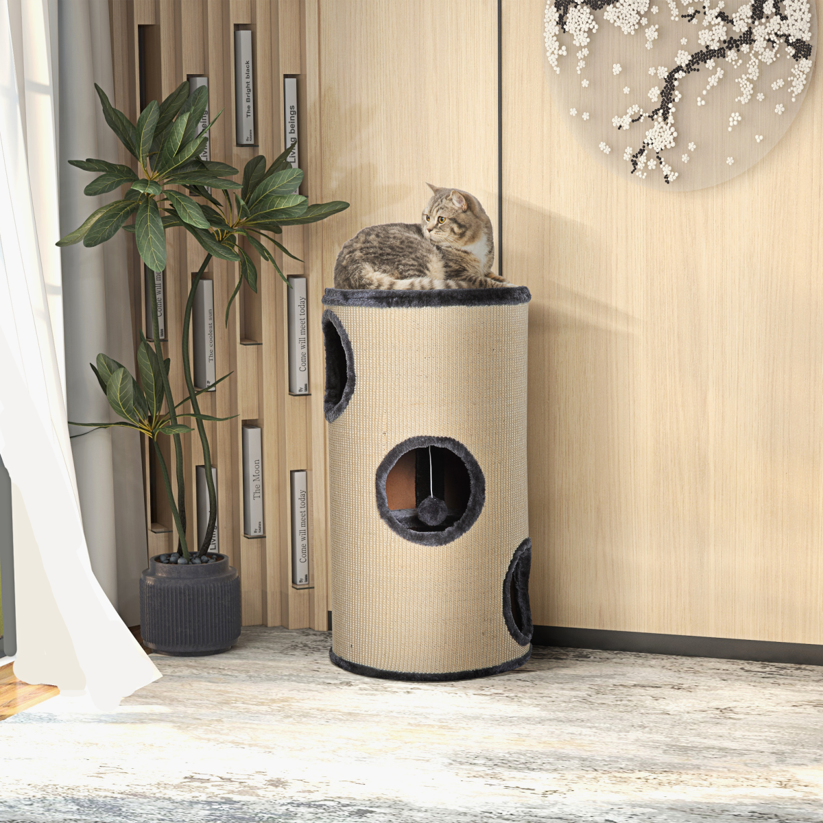 Cat Scratching Barrel Sisal Activity Center with 3 Dens and Observation Deck 70Hcm